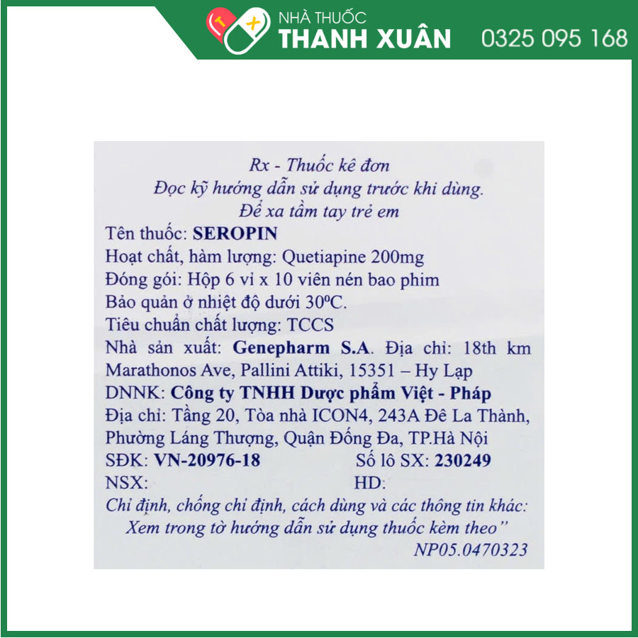 Seropin 200mg điều trị tâm thần phân liệt, hưng cảm lưỡng cực, trầm cảm lưỡng cực